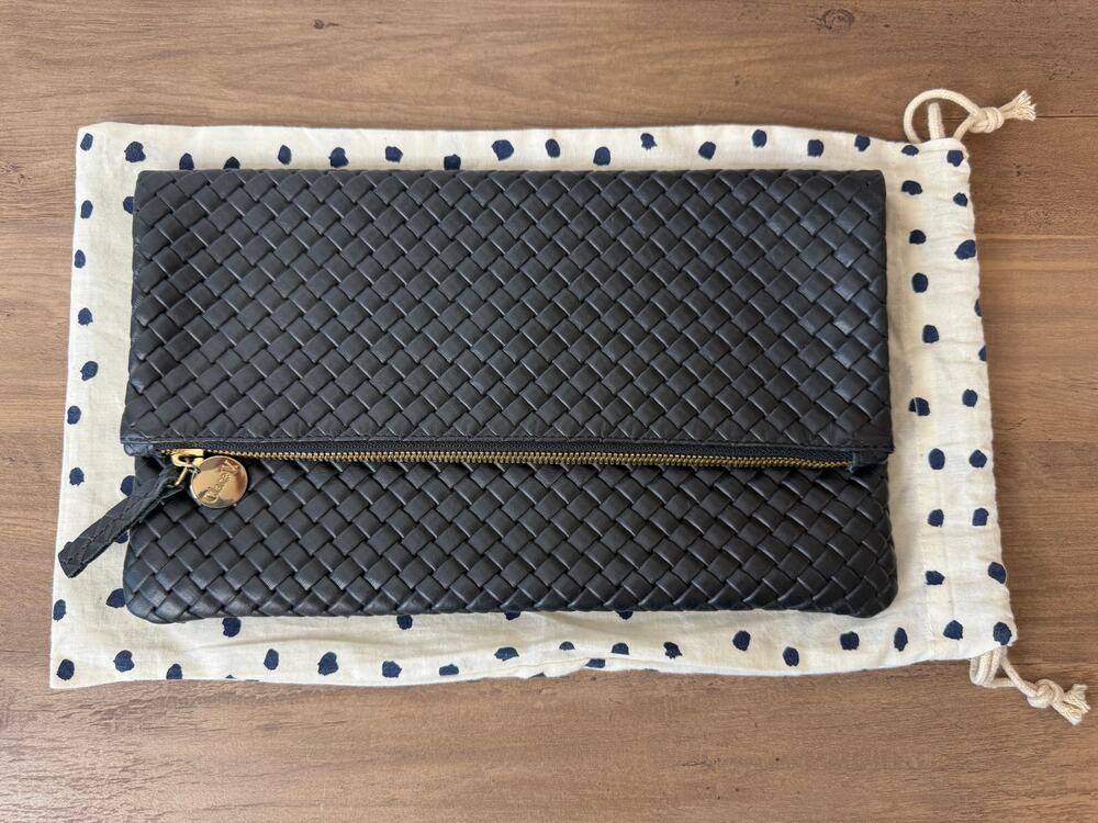 Clare V. Black Woven Leather Foldover Clutch w/ Dust Bag